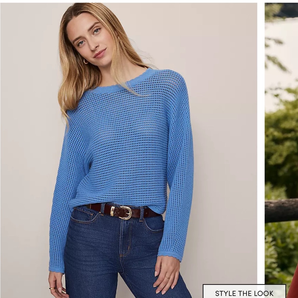 Cropped Crewneck Open-Knit Sweater - Blue
